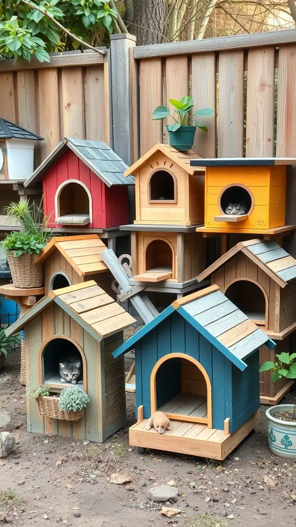 31+ Creative Outdoor Cat House Ideas for Your Feline Friend 10 A collection of colorful outdoor cat houses with cats peeking out, surrounded by plants.