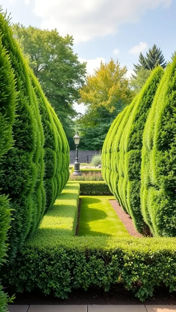 A well-maintained pathway lined with lush green boxwood hedges