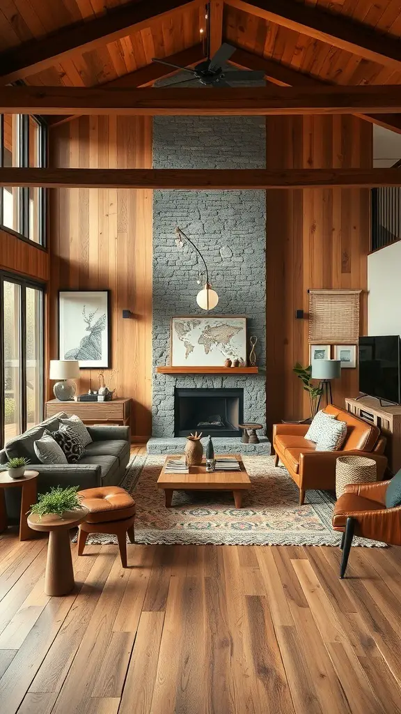 Mid-century modern living room featuring natural materials like wood and stone.
