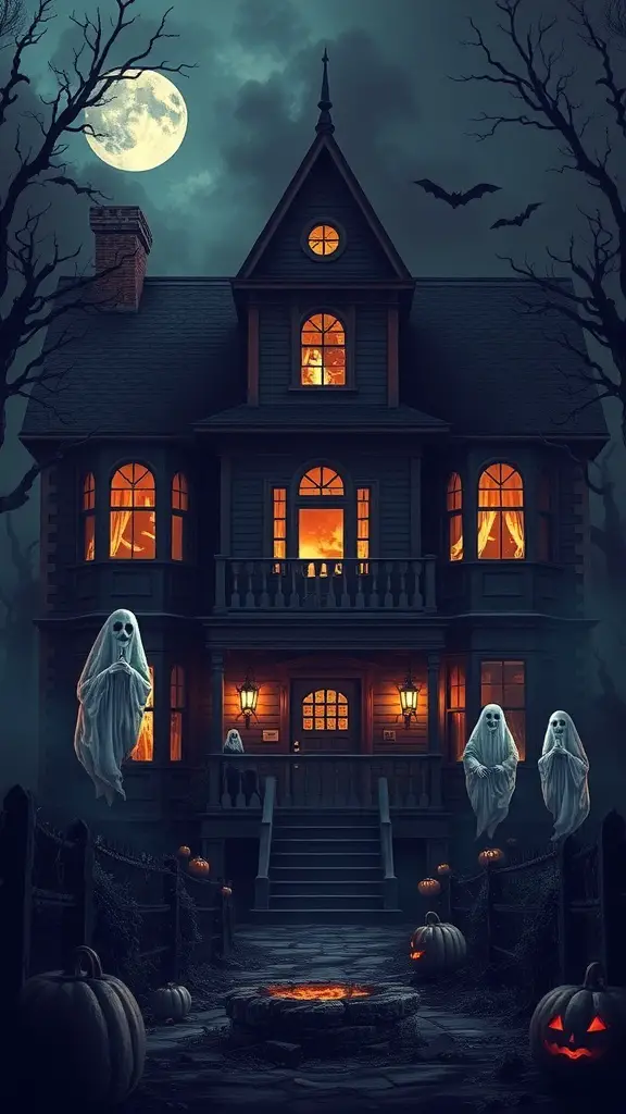 A haunted house with ghosts, pumpkins, and a full moon.