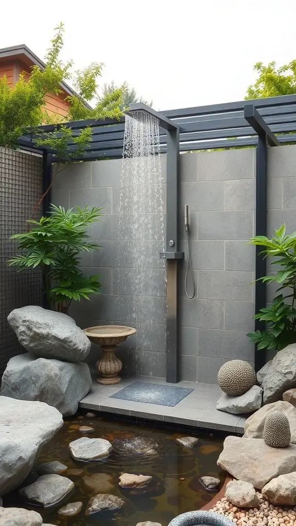 Outdoor shower in a zen garden setting with greenery and stones