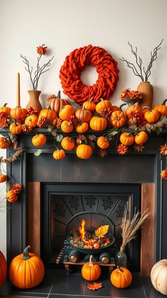 29+ Creative Halloween DIY Decorations to Scare Up Your Home 13 A beautifully decorated fireplace with a pumpkin garland and autumn-themed decor.