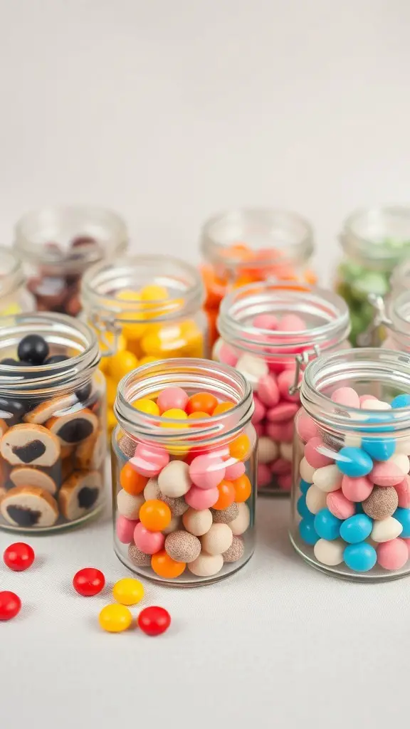 Colorful mini candy jars filled with various candies arranged on a table.
