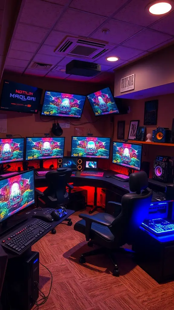 27+ Creative Open Basement Ideas You’ll Love 15 A tech hub featuring multiple monitors, gaming chairs, and ambient lighting for gaming and streaming.