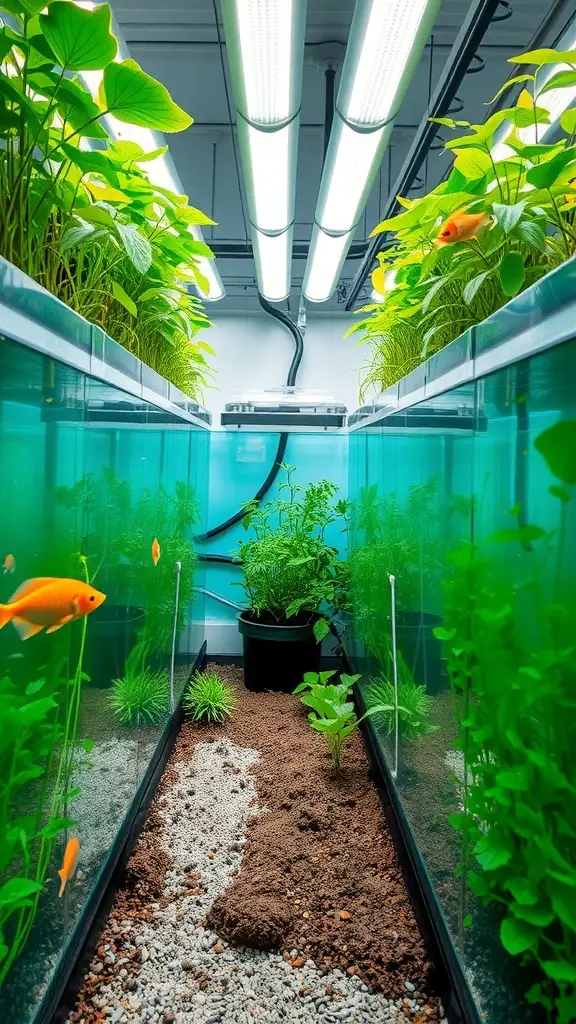 31+ Inspiring Bio Garden Ideas for a Sustainable Backyard 16 An aquaponics system with plants growing above fish tanks, showcasing a sustainable gardening method.