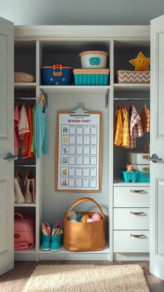 A well-organized kids closet with colorful bins and a reward chart