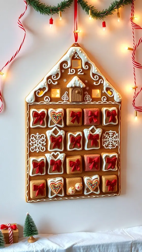 31+ Creative Gingerbread Christmas Decor Ideas You’ll Love 21 A gingerbread advent calendar shaped like a house, decorated with bows and snowflakes, hanging with festive lights.