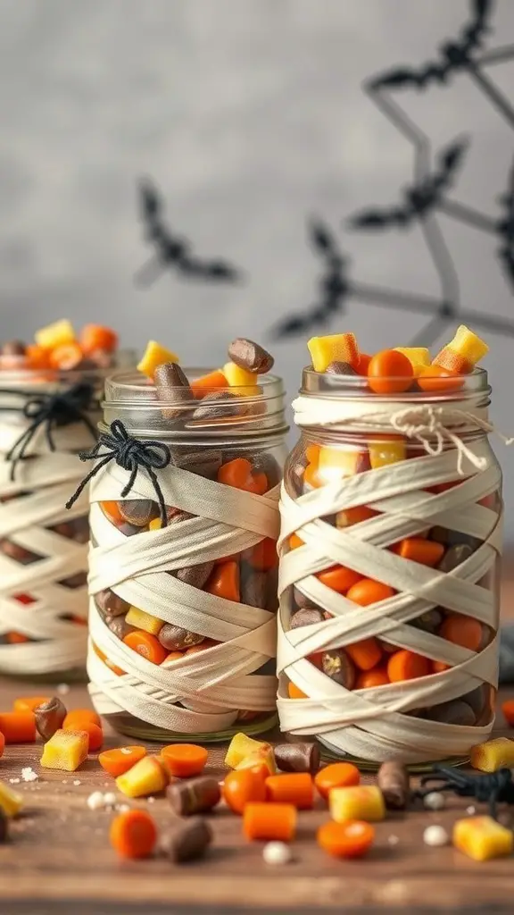 Three mummy candy jars filled with colorful candies, wrapped in gauze, with a spooky background.
