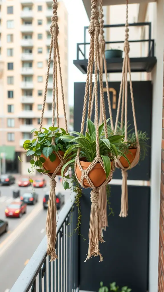 29+ Creative Street Garden Ideas for a Stunning Urban Oasis 13 Hanging plants in macrame holders on a balcony