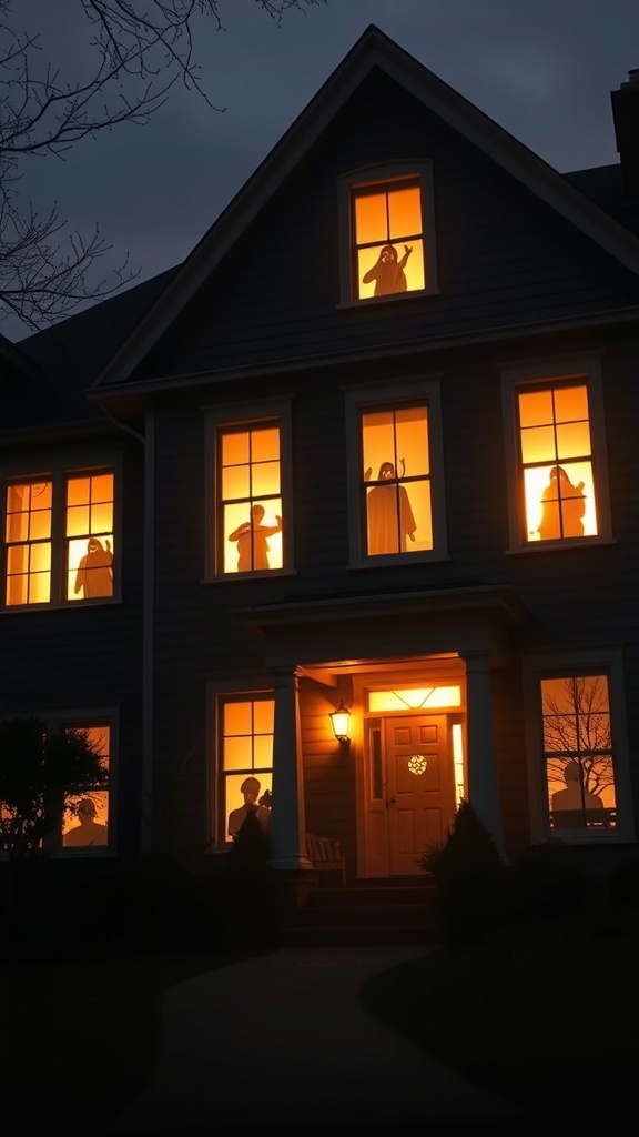 29+ Creative Halloween DIY Decorations to Scare Up Your Home 4 A house with ghostly silhouettes in the windows, illuminated by orange light