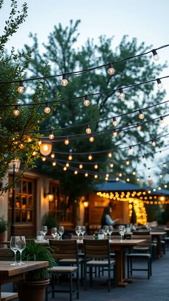 Outdoor dining area with bistro lights strung overhead, creating a cozy atmosphere.