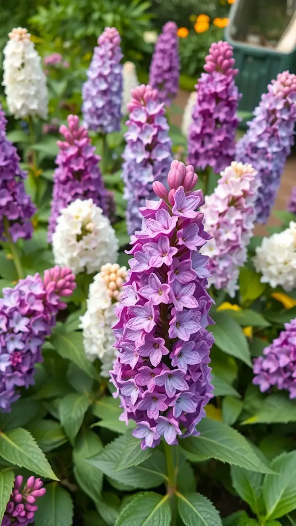 19+ Stunning Lilac Bush Landscaping Ideas for Your Garden 13 A variety of lilac flowers in shades of purple and white blooming in a garden.
