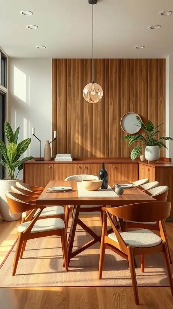 31+ Inspiring Mid Century Decor Ideas for a Stylish Home 4 A mid-century dining area featuring wooden walls, a wooden table, and natural plants.