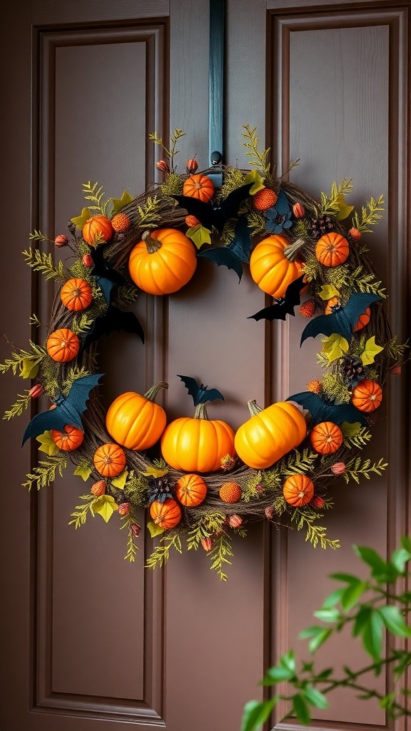 25+ Spooktacular Dollar Tree Halloween Decor Ideas Under $25 6 A Halloween wreath with orange pumpkins and bats on a door.