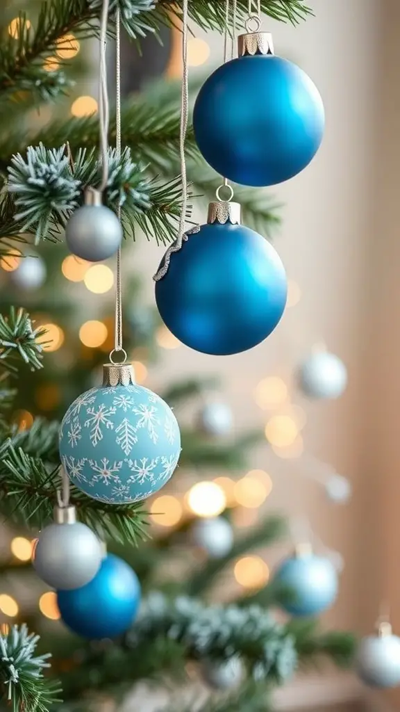 Handcrafted blue and white baubles hanging on a Christmas tree