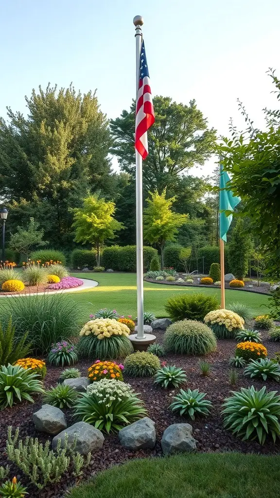 A flag pole surrounded by colorful flowers and greenery in a well-maintained garden.