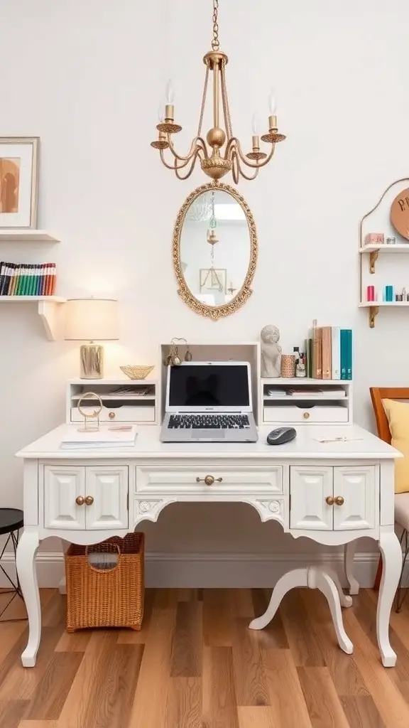 25+ Craft Tables with Storage for Organized Creativity 18 A stylish craft table with storage, featuring light wood finishes, decorative baskets, and wall art.