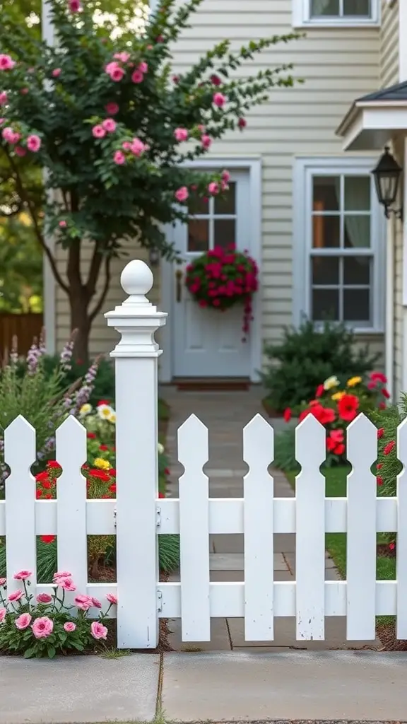 A charming cottage-style white picket fence with colorful flowers in a front garden.