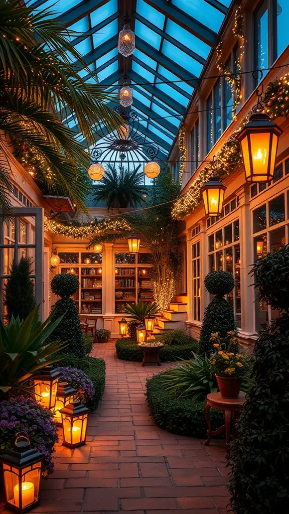 27+ Inspiring Atrium Garden Ideas to Transform Your Space 21 An atrium garden illuminated with fairy lights and lanterns, featuring lush greenery and a cozy pathway.