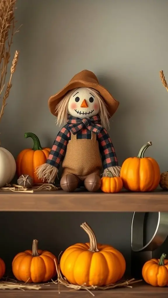 37+ Creative Indoor Fall Decorations You’ll Love 20 A whimsical scarecrow figurine with a plaid scarf, surrounded by pumpkins on a wooden shelf.
