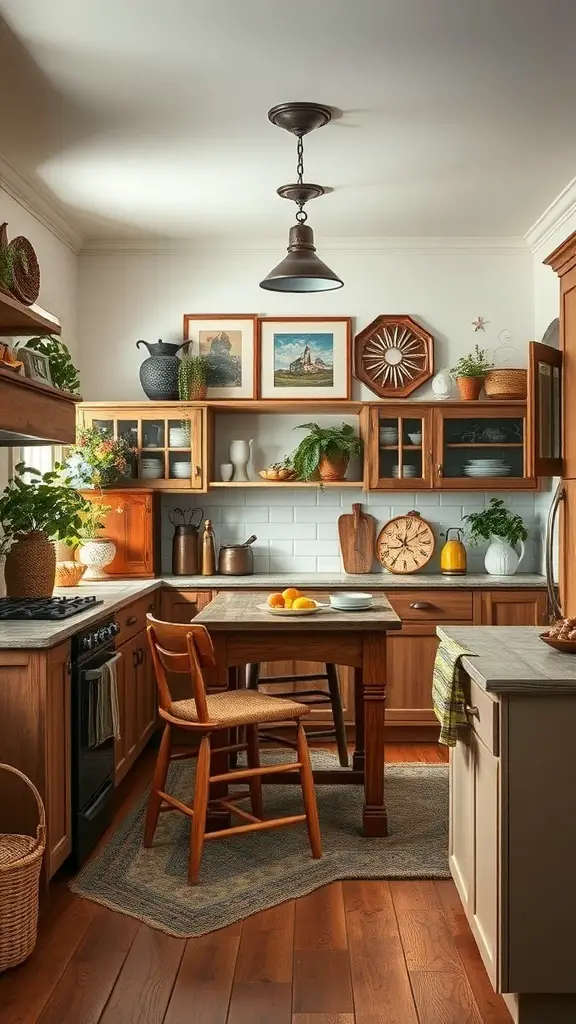 A cozy rustic kitchen with wooden cabinets, a central table, and decorative plants.