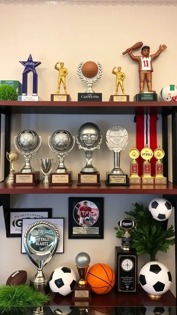 19+ Inspiring Sports Room Decor Ideas to Elevate Your Space 9 A shelf displaying various sports trophies, medals, and sports equipment.