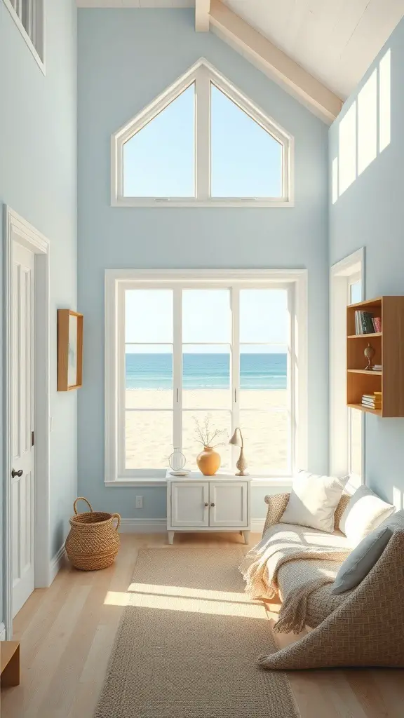 29+ Stunning Beach House Decor Ideas You'll Love 9 A bright and airy beach house interior with light blue walls and large windows overlooking the beach.