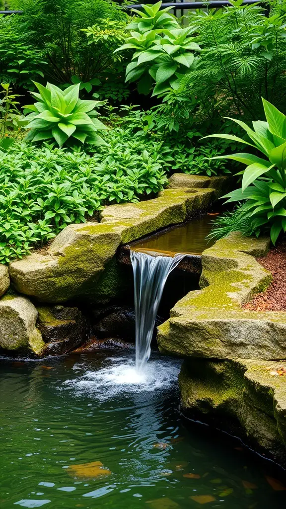 A serene water feature with cascading waterfalls surrounded by lush greenery in a small sloped garden.