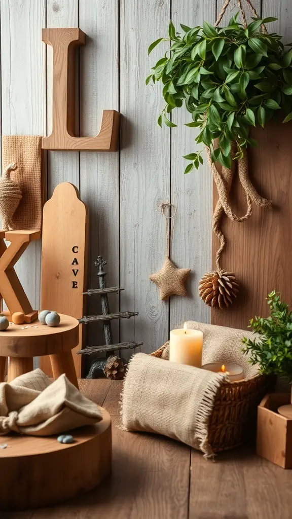 33+ Festive Christmas Party Decor Ideas to Elevate Your Holiday Celebration 21 A cozy rustic Christmas decor setup featuring wooden letters, candles, and greenery.