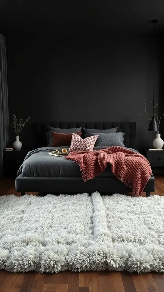 A dark modern bedroom featuring layered textures with a plush rug, cozy bedding, and decorative pillows.