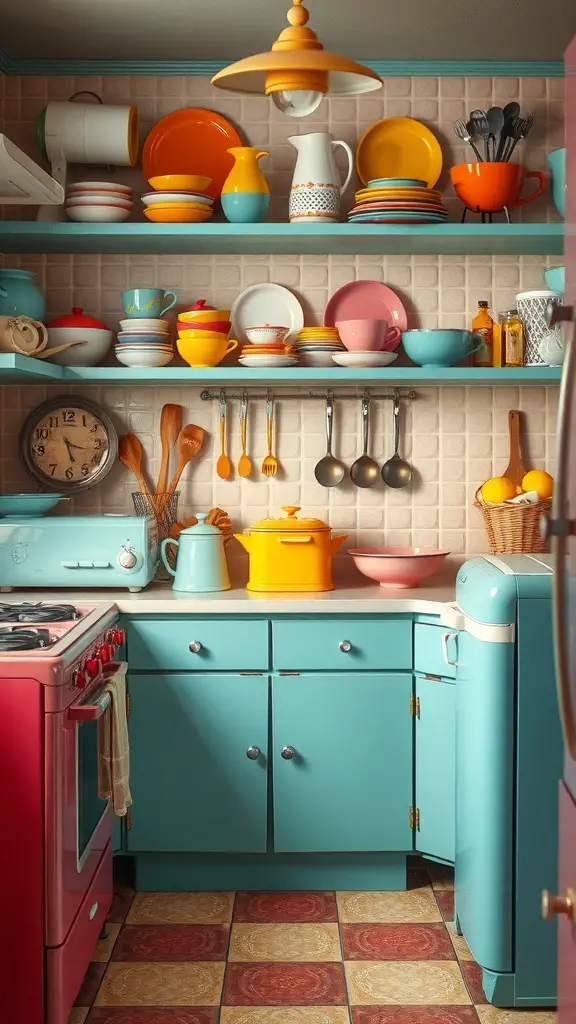 19+ Stunning Vintage Maximalism Decor Ideas to Transform Your Space 21 A colorful kitchen filled with vintage kitchenware, featuring bright plates, cups, and retro appliances.