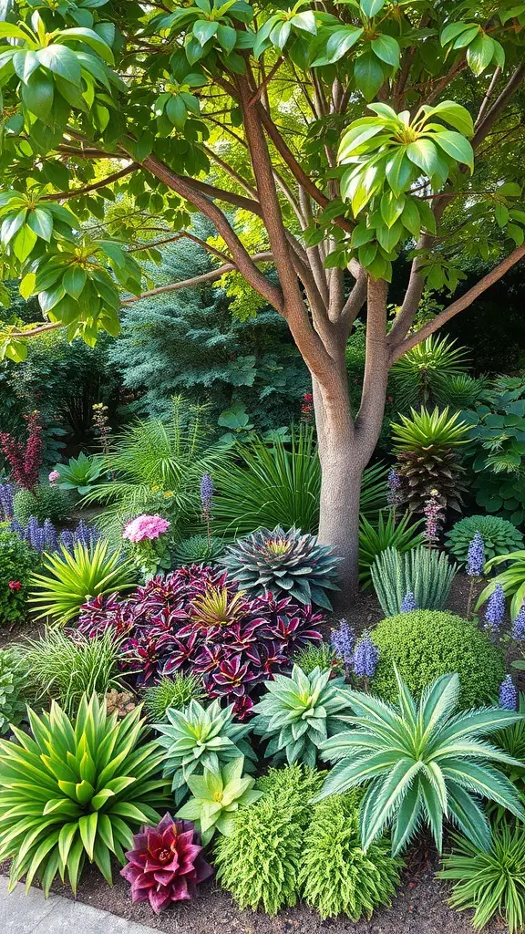 A variety of shade-tolerant plants arranged beautifully under a tree.