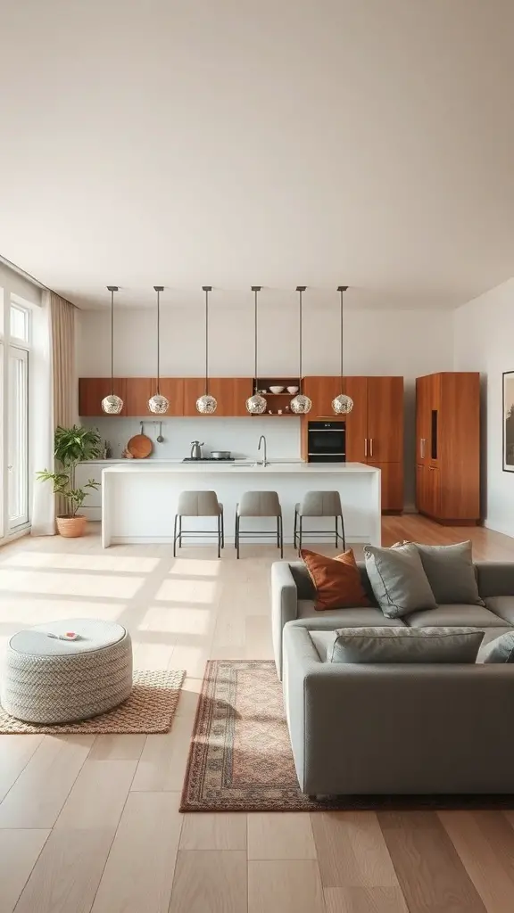 25+ Stunning Items to Achieve a Stockholm-Style Room Makeover 21 A stylish open-concept living space featuring a kitchen and living area with large windows, light wood flooring, and modern furniture.