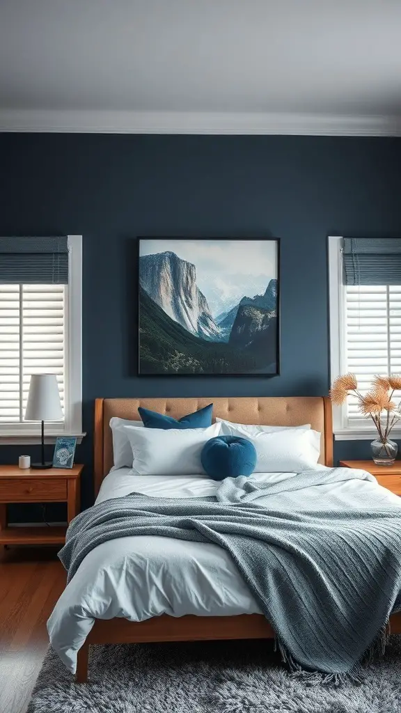 37+ Stunning Dark Blue Bedroom Ideas for a Cozy Retreat 11 A dark blue bedroom featuring a landscape artwork above the bed