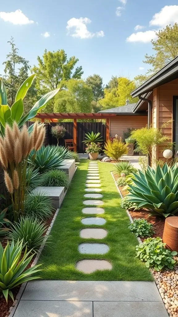 23+ Stunning Rectangular Backyard Design Ideas You’ll Love 11 A rectangular backyard with a stone pathway, lush greenery, and various plants