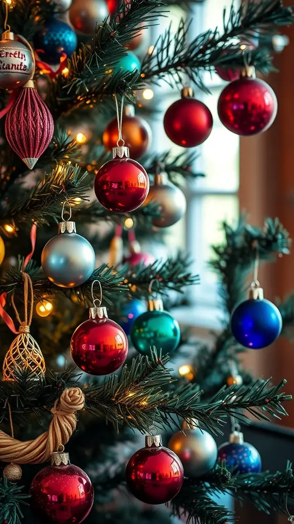 23+ Vintage Christmas Tree Ideas for a Festive Holiday Look 20 A close-up view of a vintage Christmas tree decorated with colorful glass baubles.