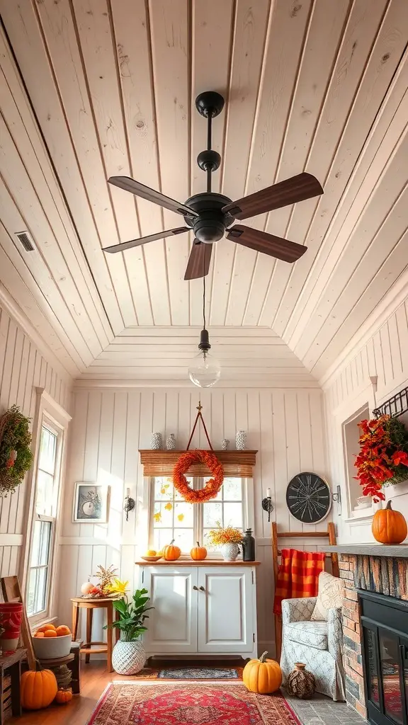 27+ Stunning Fall Ceiling Designs to Inspire Your Home Decor 14 Cozy room with a beadboard ceiling, featuring autumn decorations and a warm atmosphere.