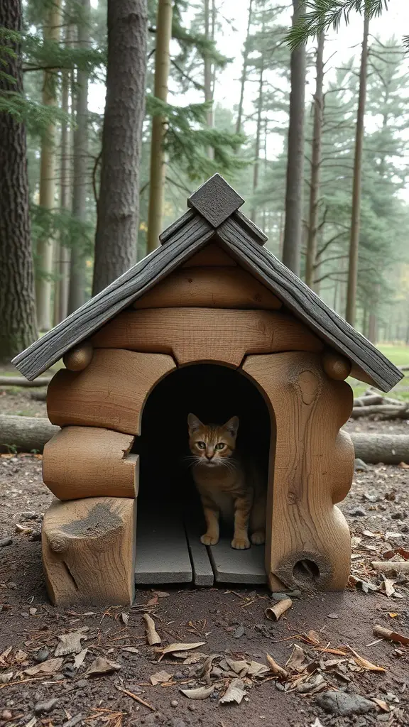 31+ Creative Outdoor Cat House Ideas for Your Feline Friend 19 A rustic wooden cat house in a forest setting with a cat peeking out.