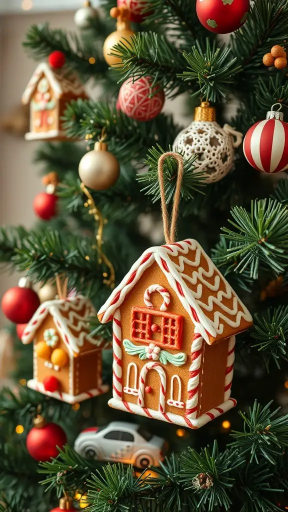 Gingerbread house ornaments hanging on a Christmas tree