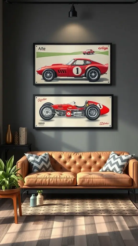 23+ Creative Car Room Decor Ideas for Enthusiasts 13 Vintage race car wall art featuring two red race cars above a stylish couch in a cozy living room.