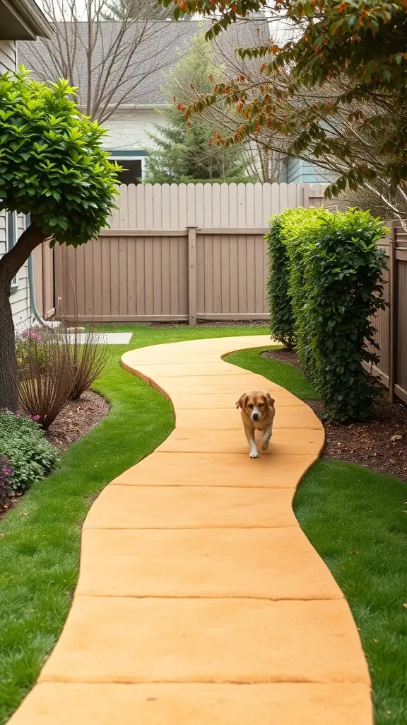 A winding dog-friendly pathway in a backyard with a dog walking along it.