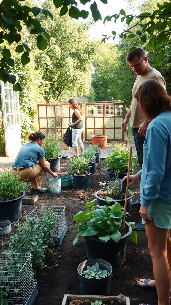 A community garden with people interacting and tending to plants.