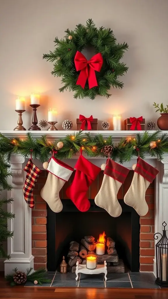 37+ Festive Christmas Room Decor Ideas to Transform Your Space 9 Cozy Christmas fireplace mantel decorated with a wreath, candles, and stockings
