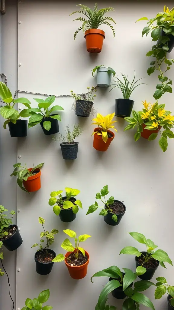 29+ Inspiring Small Urban Garden Design Ideas You’ll Love 8 A vertical garden with various potted plants arranged on a wall.