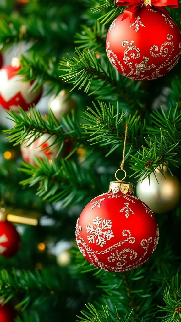 27+ Festive Christmas Painting Ideas to Inspire Your Holiday Spirit 13 Close-up of red and gold ornaments on a Christmas tree
