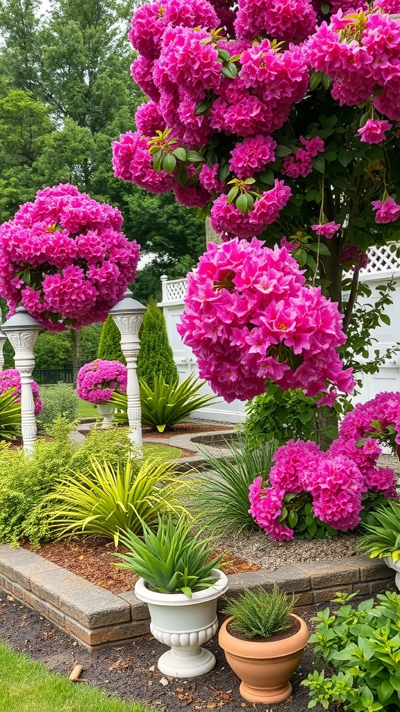 19+ Stunning Crepe Myrtle Landscaping Ideas to Transform Your Garden 14 Vibrant pink crepe myrtle flowers in a landscaped garden with decorative planters.