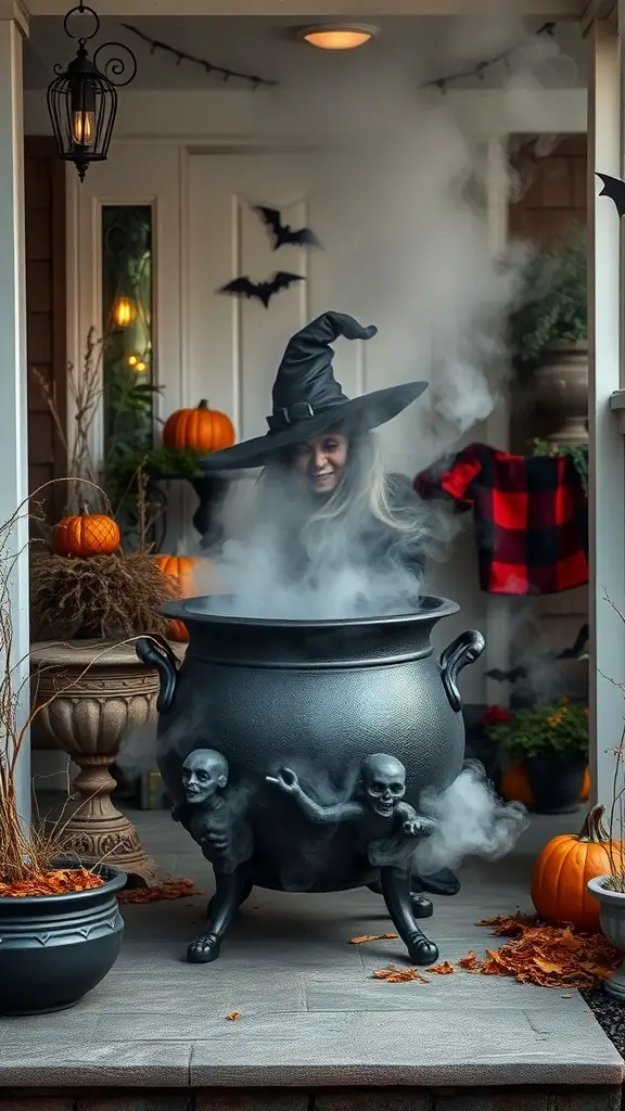 29+ Creative Halloween Porch Ideas to Spookify Your Home 14 A witch in a black hat stands over a bubbling cauldron on a Halloween porch, surrounded by pumpkins and autumn decorations.