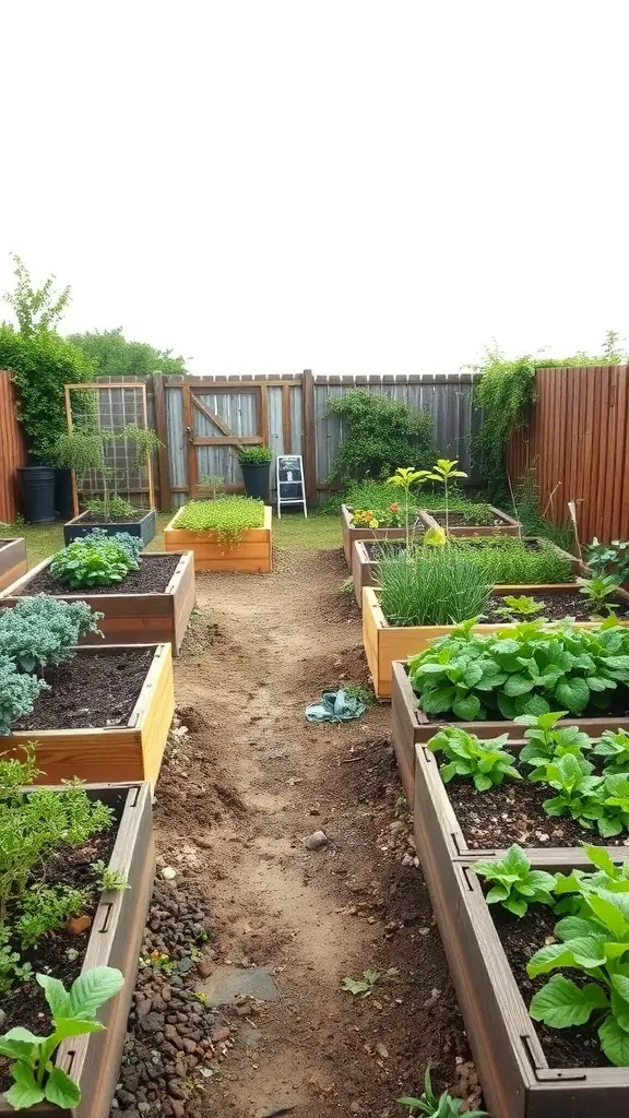 23+ Stunning Rectangular Backyard Design Ideas You’ll Love 12 A backyard with raised garden beds filled with various plants and a clear pathway.
