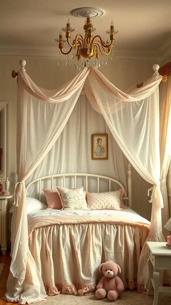 37+ Vintage Kids Room Ideas to Inspire Your Decor 3 A charming kids' bed with a soft canopy, teddy bear, and warm decor.