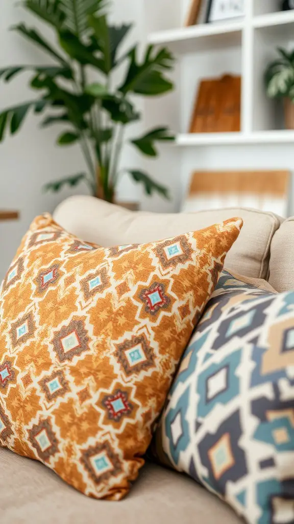 Brown and blue geometric patterned pillows on a couch